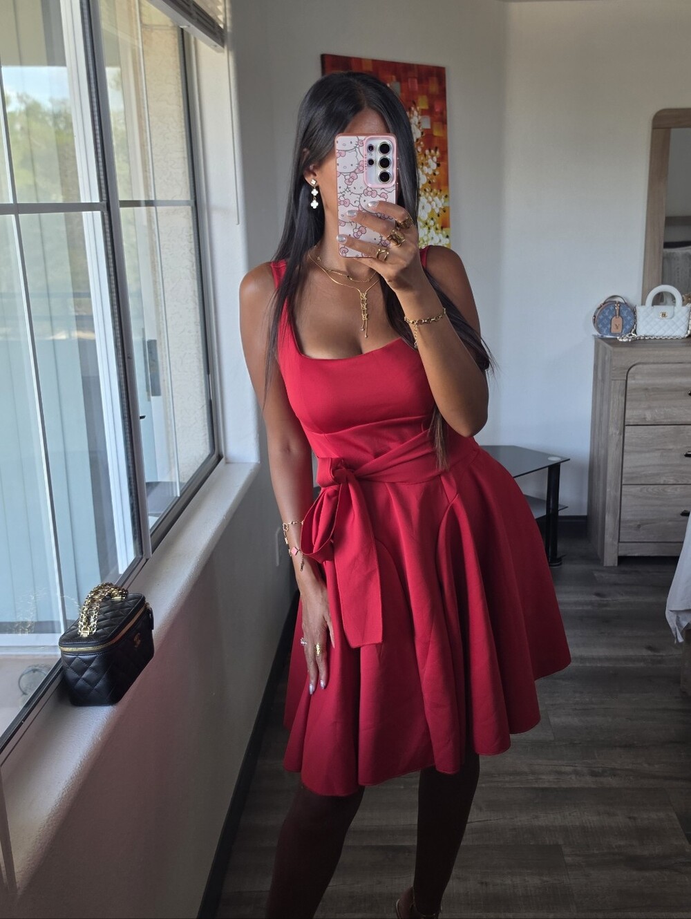 Elegant Red Fit-and-Flare Dress with Waist Tie